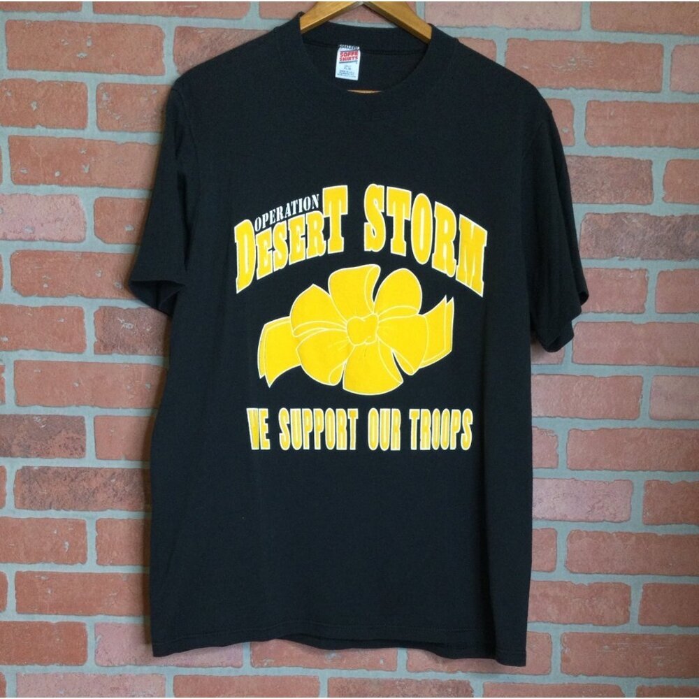 Desert Storm Support Troops Graphic Tee XL Black Yellow Vintage Soffe Shirt USA